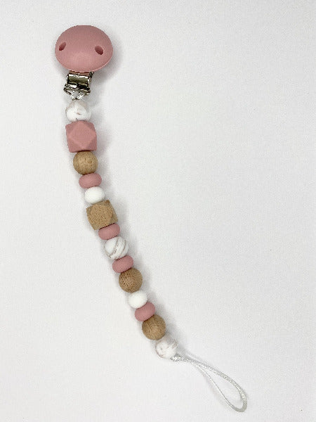 Dummy clip with pink, white marble and wood beads
